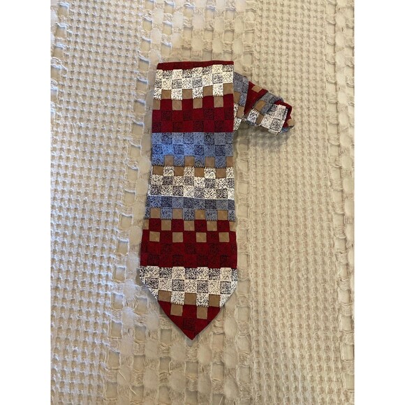 Daniel de Fasson Necktie 100% Silk Burgundy Gray Tan Checked Pattern Dressy - Picture 4 of 6